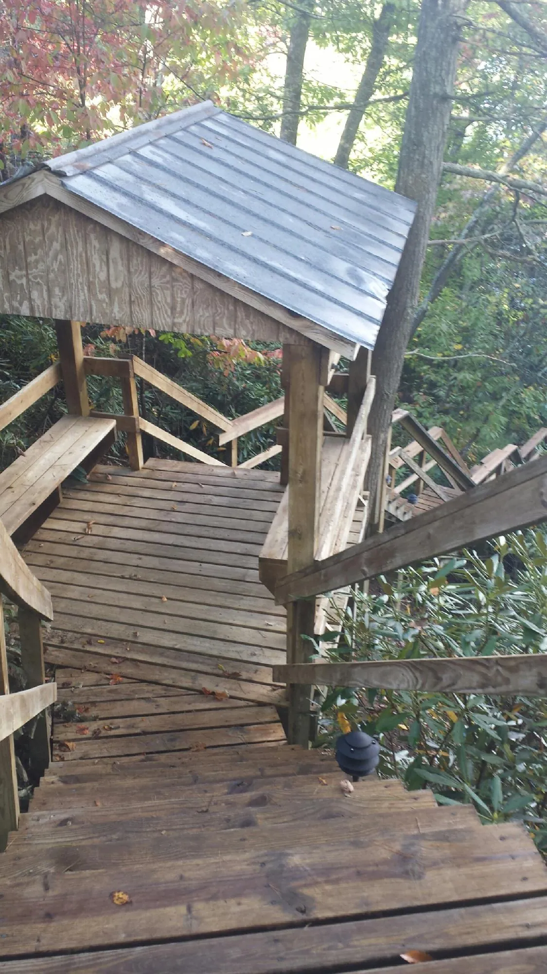 Metal roofed shelter over wooden steps on a wooded walkway — Skylight Repair & Installation work by our crew in Palm City